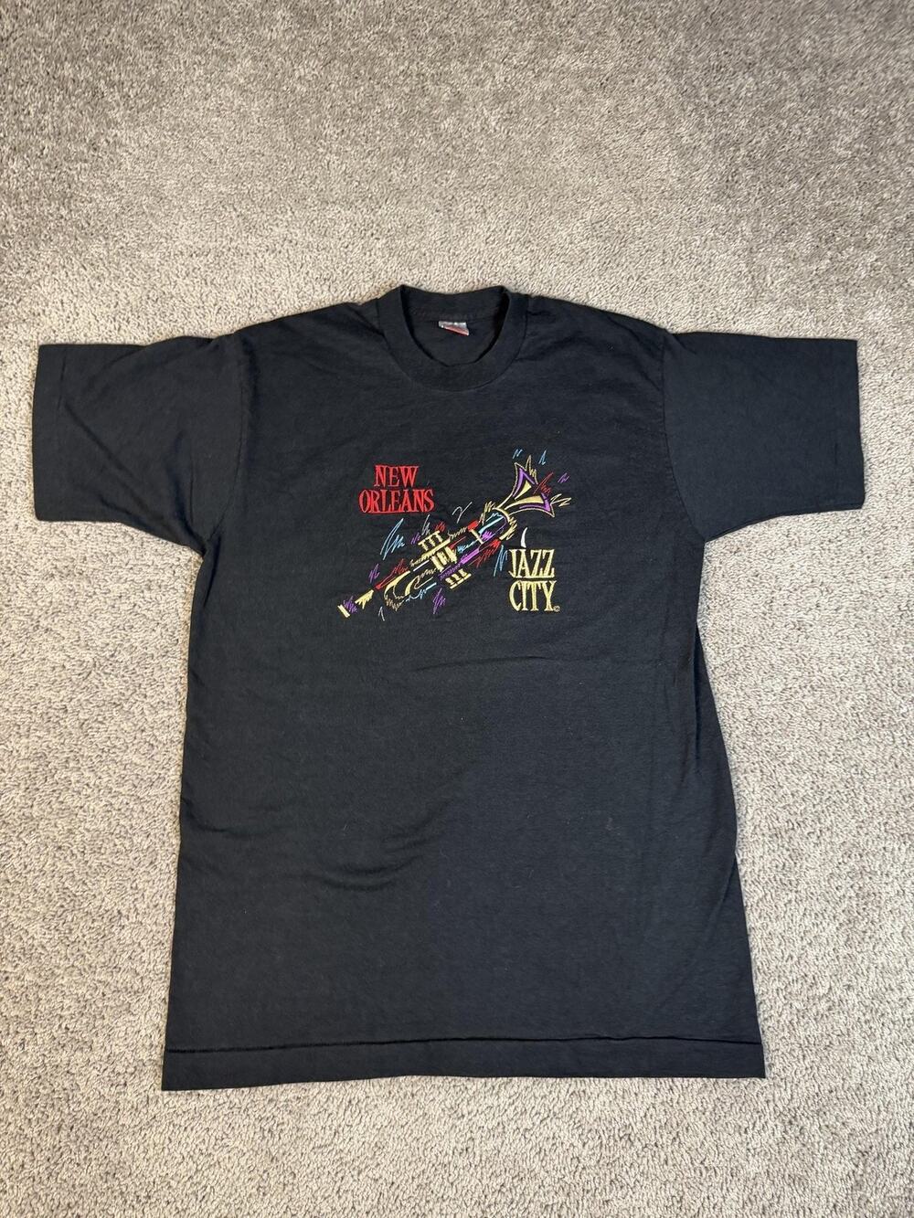 Vintage New Orleans Shirt Mens L Black Jazz City Embroidered Crew Neck 90s